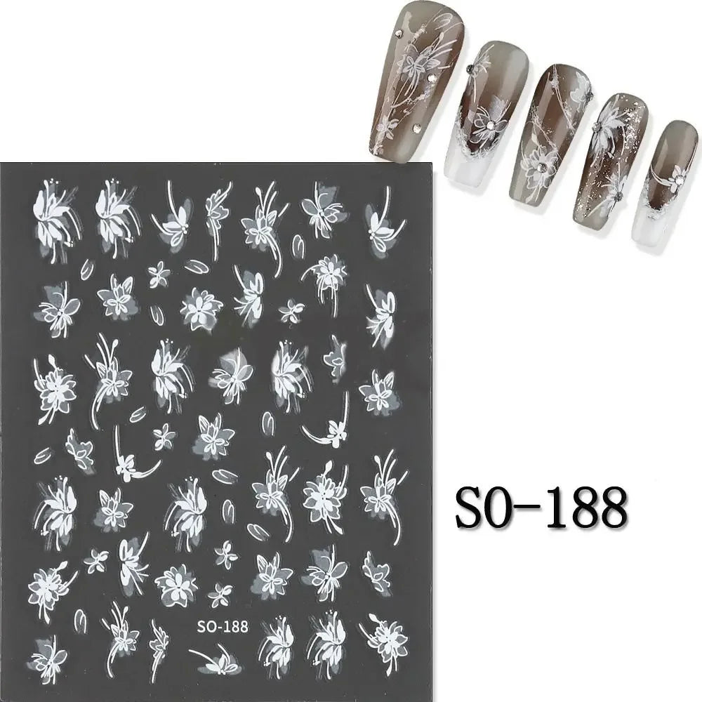 Elegant Black White Floral 3D Nail Art Stickers - Charming Petal Adhesive for DIY Manicure