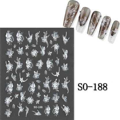 Elegant Black White Floral 3D Nail Art Stickers - Charming Petal Adhesive for DIY Manicure