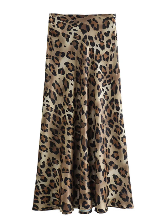 Leopard Print Satin Midi Skirt High Waist For Women Summer