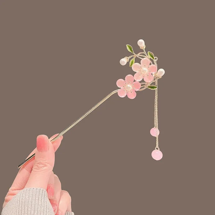 Chinese Style Tassel Hair Clip for Women with Handmade Floral Design