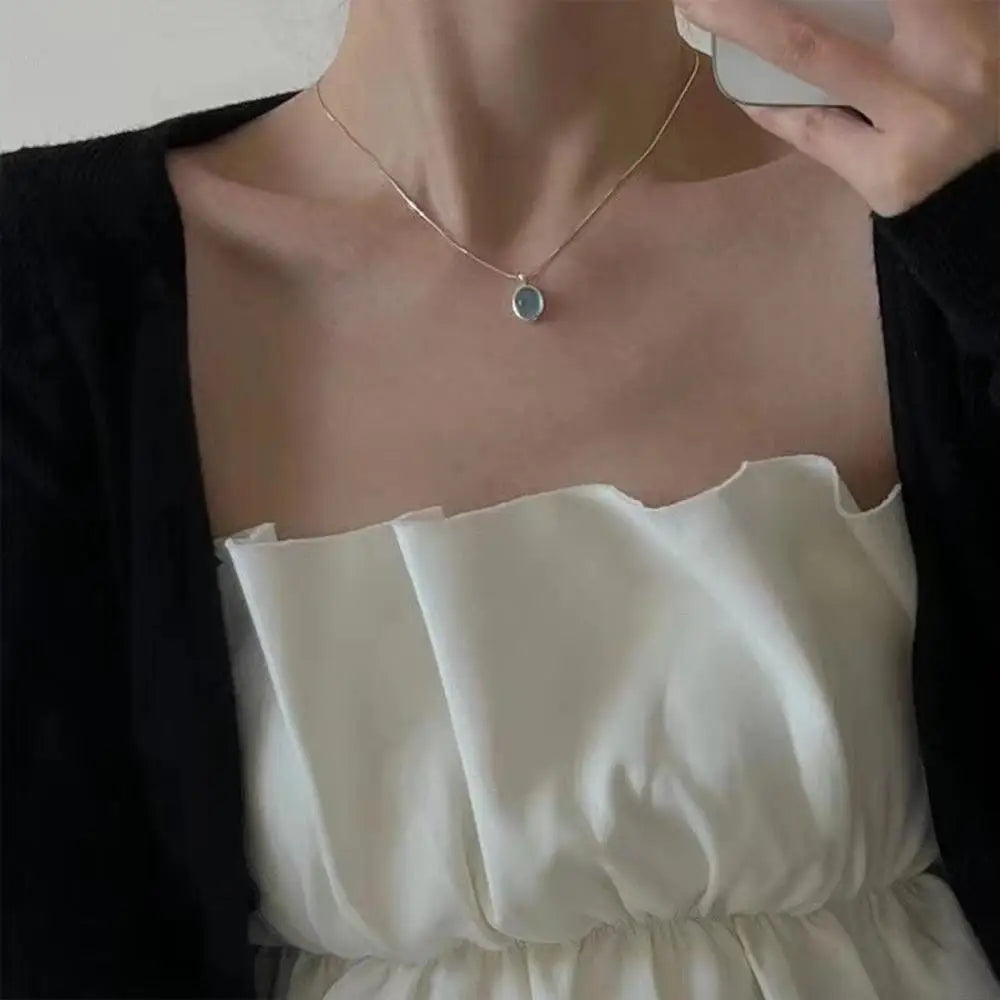 Elegant Silver Oval Aquamarine Pendant Necklace with Luxury Snake Chain for Women