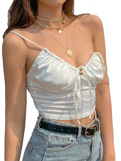Women sexy v-neck camisole silky soft fabric crop tops girl slim party club sling tank tops female Harajuku 2024 summer new