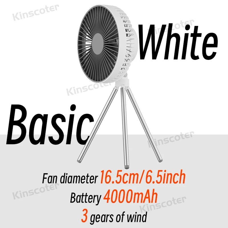 Rechargeable Portable Camping Fan with 10000mAh Power Bank and LED Light Basic White
