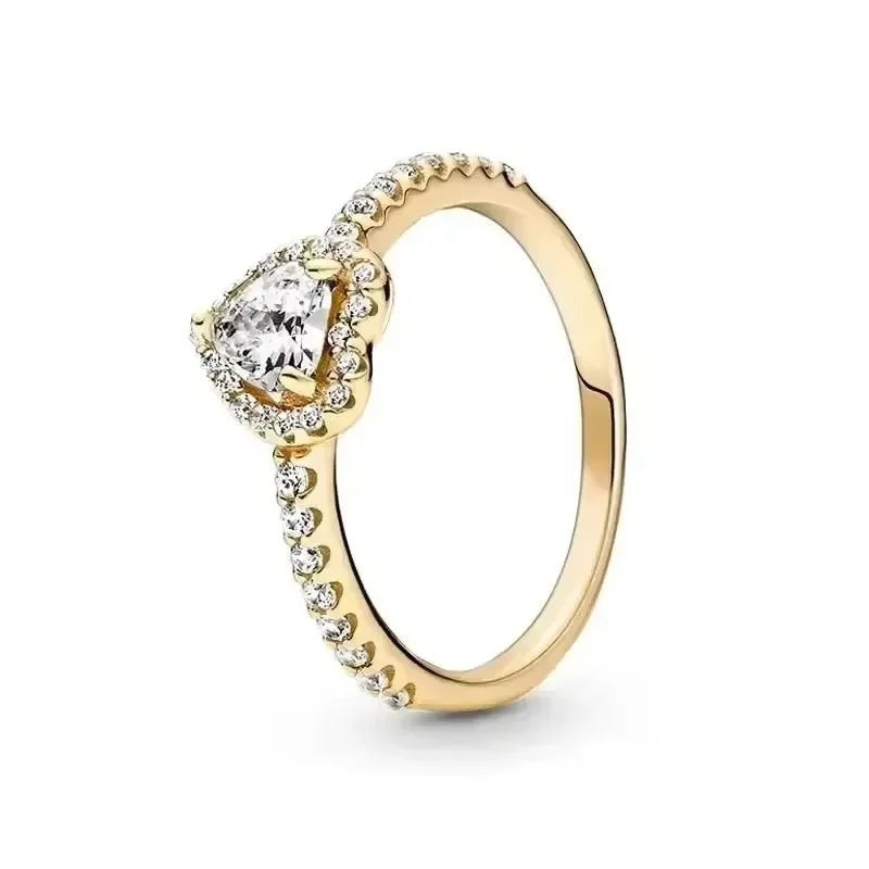 Gold Tone 925 Sterling Silver Square Heart Crown Ring for Women Blue