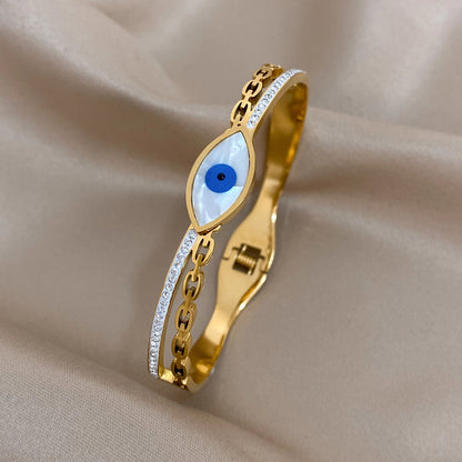 Flashbuy Boho Evil Eye Stainless Steel Bangles for Women with Enamel Rhinestones Gold Plated Waterproof Fashion Jewelry Gift