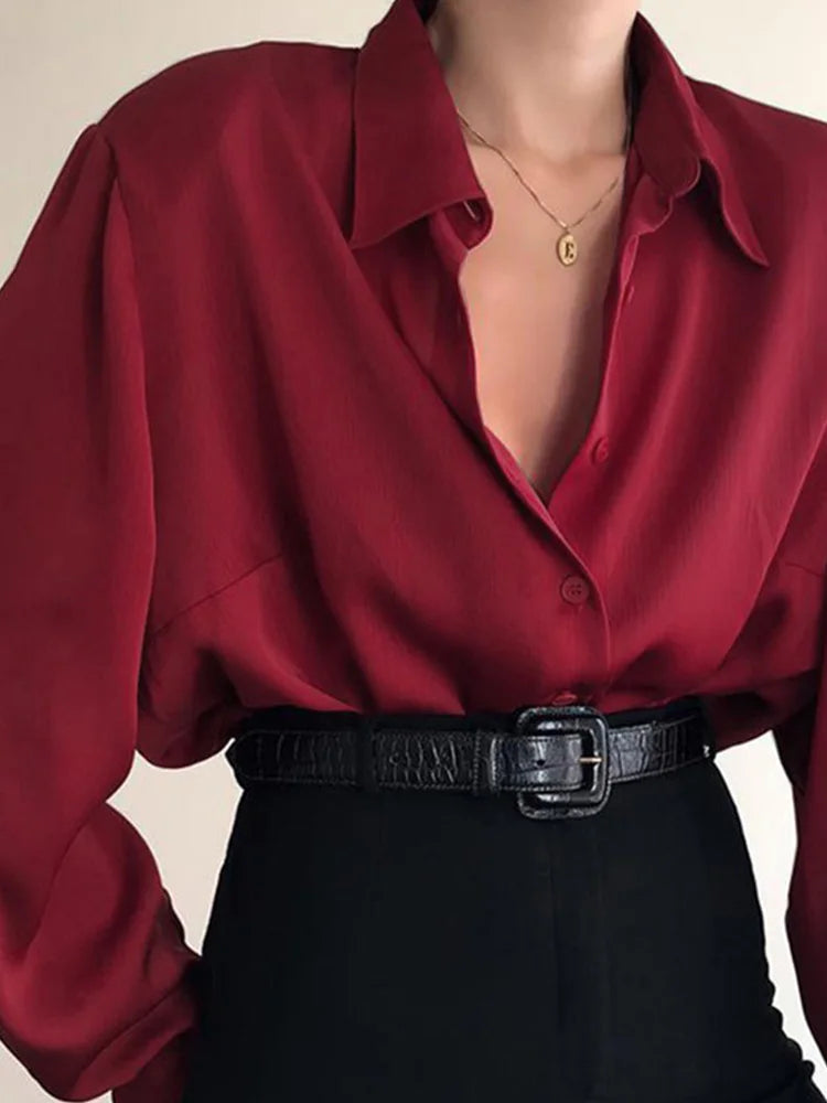 Women Button Blouse Turn Down Collar Long Sleeve Office Top