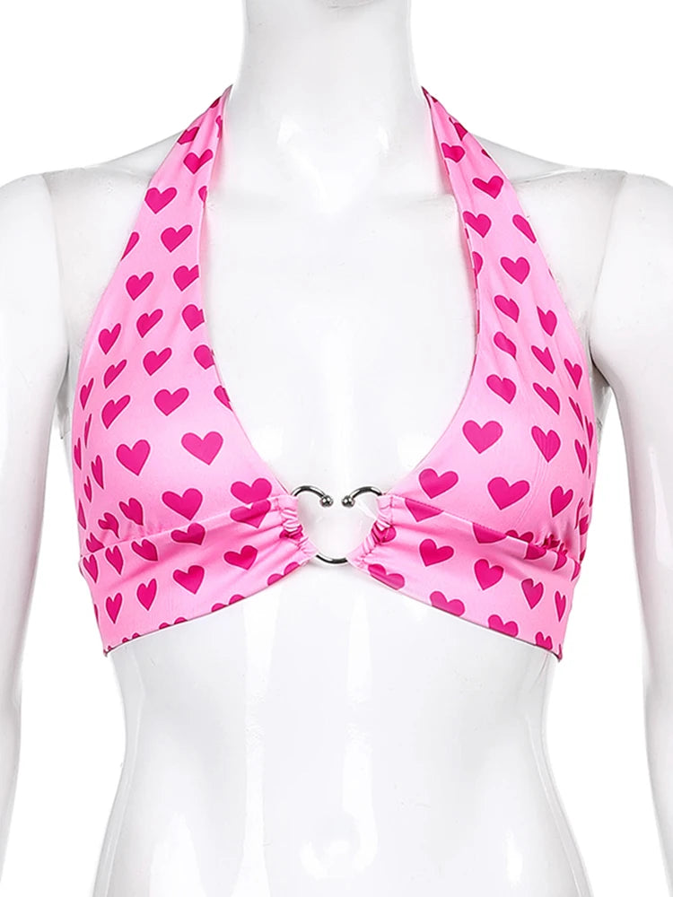 Dozw Pink Heart Bustier Crop Top For Women Backless Lace Up