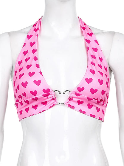 Dozw Pink Heart Bustier Crop Top For Women Backless Lace Up