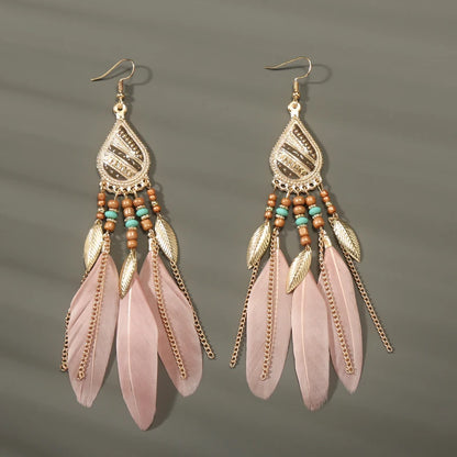 Bohemian Long Feather Drop Earrings with Tassel Beads and Enamel Flowers for Women