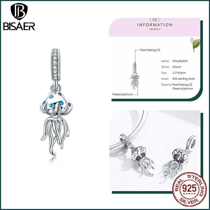 BISAER Ocean Charm 925 Sterling Silver Dolphin and Mermaid Bead with Blue CZ for DIY Jewelry ECC1297 CHINA
