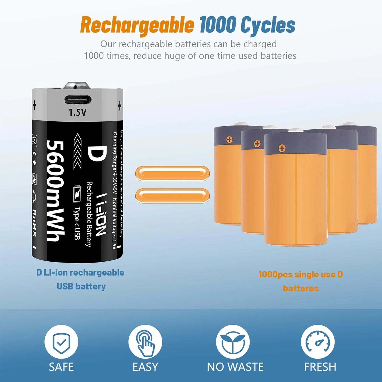 AIPEKE 2-10PC USB 5600mWh D Size Rechargeable Lithium Batteries D SIZE 5600mWh 10PC 1.5V
