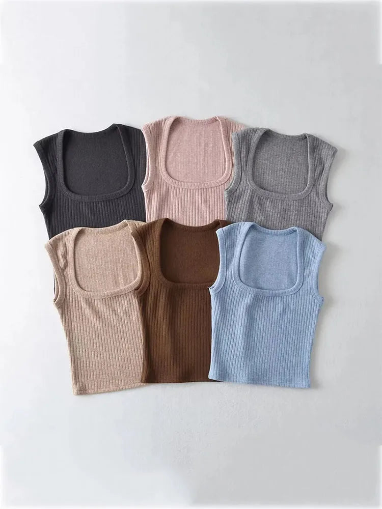 Dozw Elastic Knit Crop Top For Women Solid Summer Sleeveless