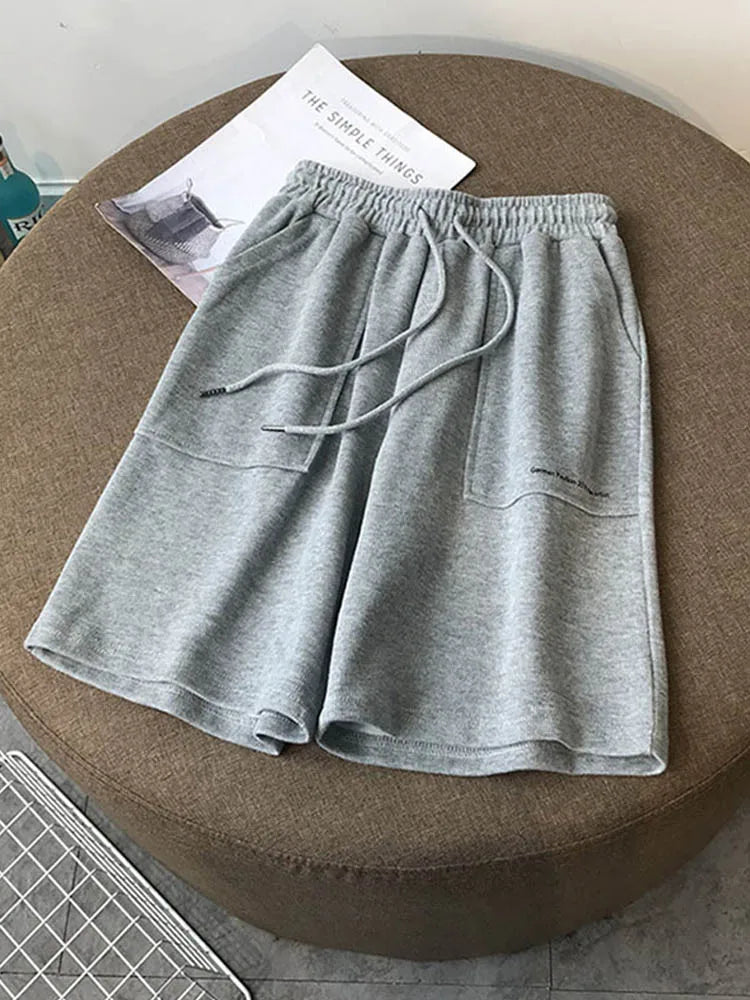 Summer High Waist Wide Leg Knee Length Shorts Drawstring
