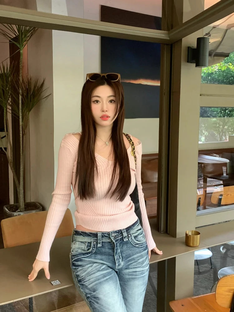Pink Suspender V Neck Knit Sweater For Women 2025 Slim