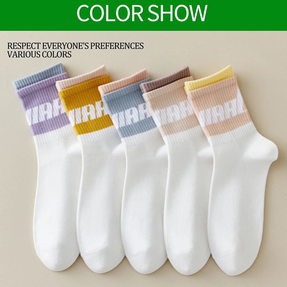 5 Pairs Colorful Breathable Cotton Mid Calf Athletic Socks
