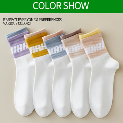 5 Pairs Colorful Breathable Cotton Mid Calf Athletic Socks