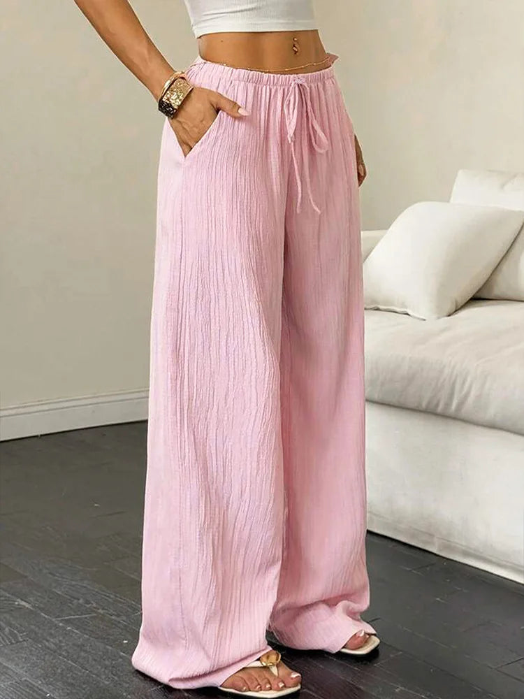 Summer Pink Lace Up Streetwear Trousers For Women Casual