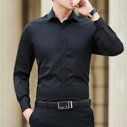 New Plus Size Men Solid Color Business Shirt Slim White Long Sleeve black