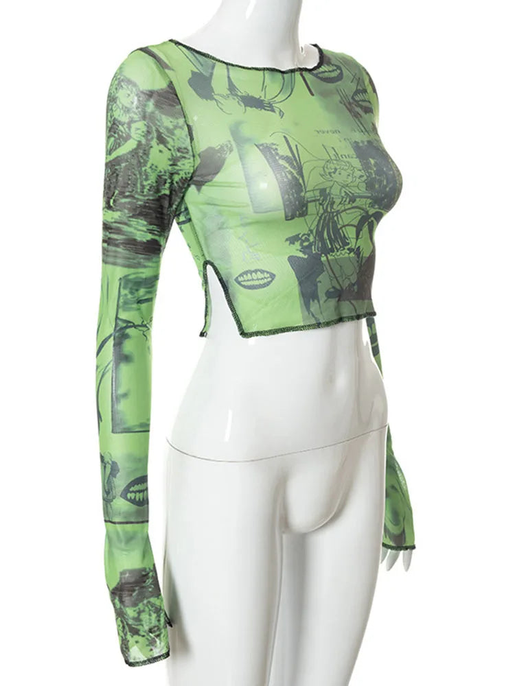 Green Sheer Mesh Crop Top Vintage Graphic Slim Fit
