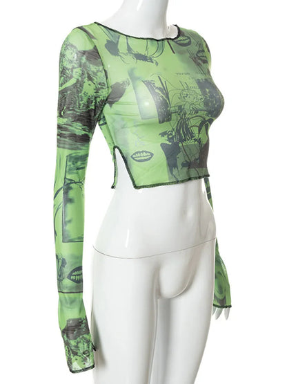 Green Sheer Mesh Crop Top Vintage Graphic Slim Fit