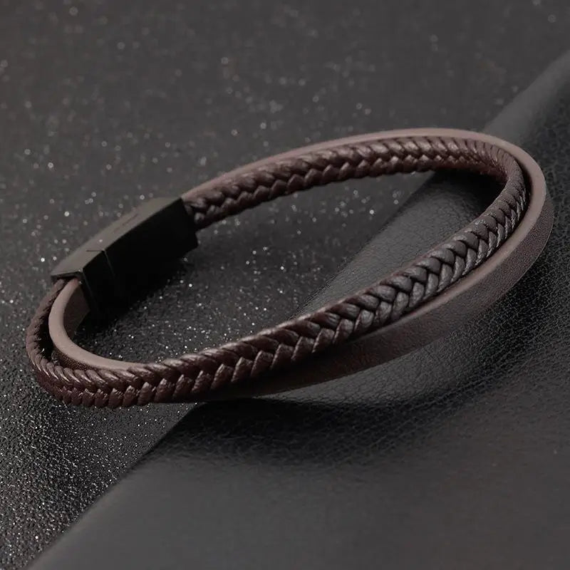 Luxury Men's Leather Bracelet Hand-Woven Multilayer Vintage Bangle with Stainless Steel Clasp