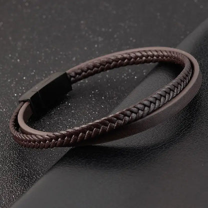 Luxury Men's Leather Bracelet Hand-Woven Multilayer Vintage Bangle with Stainless Steel Clasp