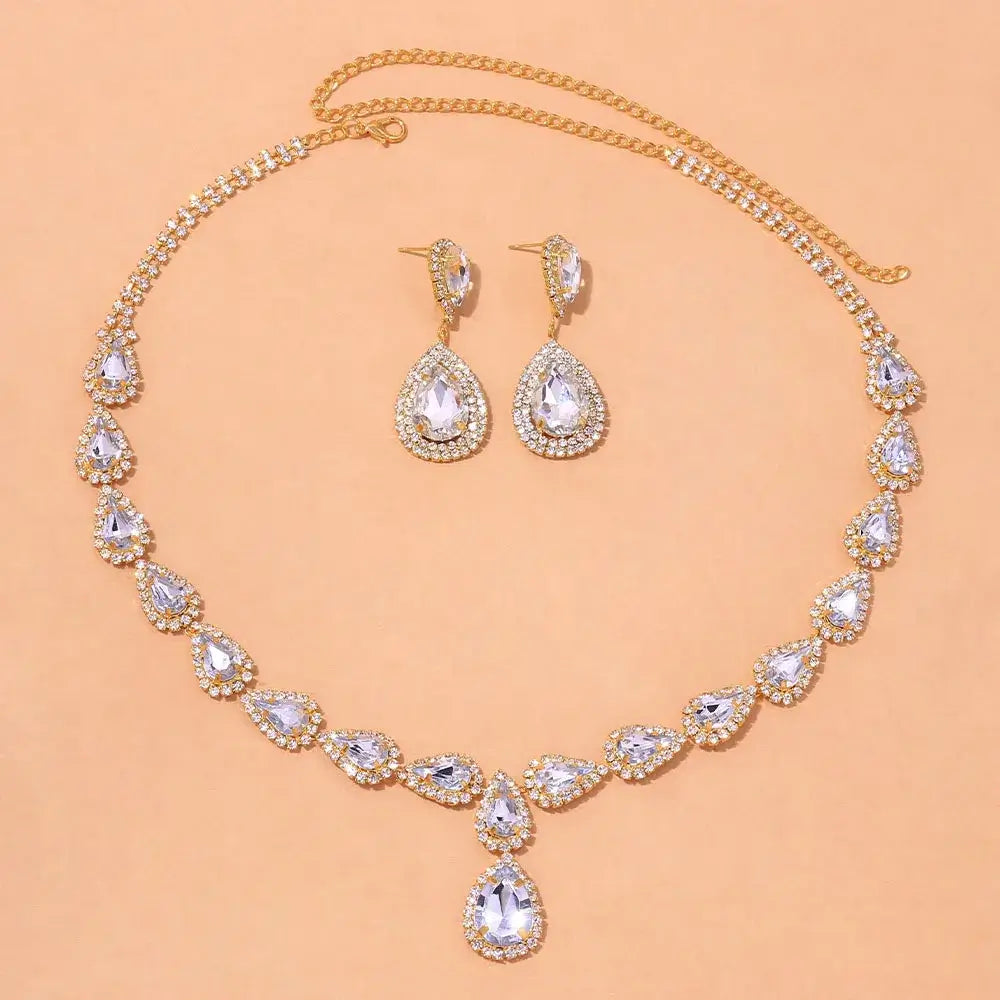 Geometric Rhinestone Bridal Jewelry Set with Zircon Necklace and Earrings