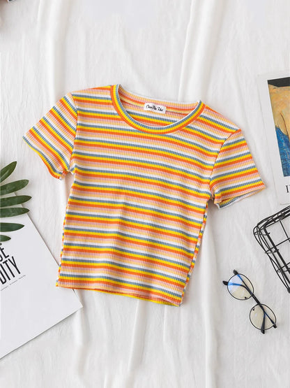 Rainbow Stripe Slim Fit Women T Shirt Short Sleeve Harajuku