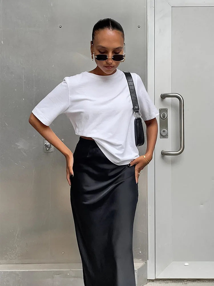 Satin Black Trumpet Skirt Women High Waist Long Office Wear