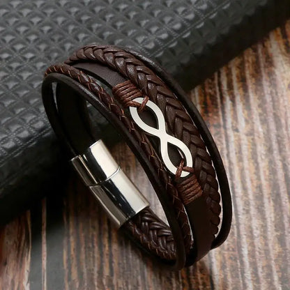 Men's Leather Bracelet with Stainless Steel Tree of Life Charm - Stylish Multi-Layer Fashion Accessory