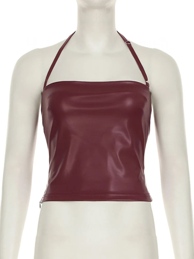 Retro Red Halter Tank Top Slim Fit Faux Leather Korean Clubwear Summer Y2K Style Streetwear Outfit Fashion PU Top