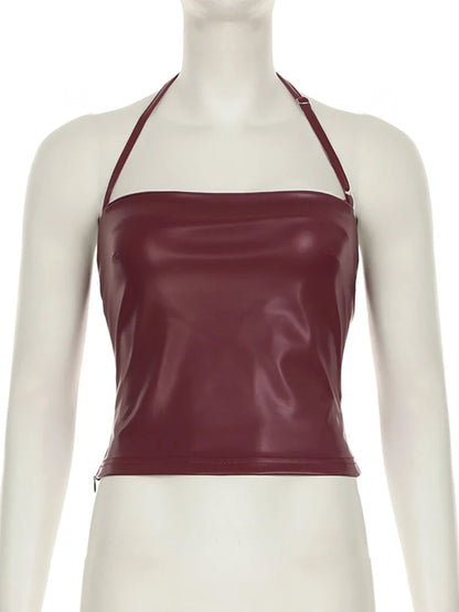 Retro Red Halter Tank Top Slim Fit Faux Leather Korean Clubwear Summer Y2K Style Streetwear Outfit Fashion PU Top