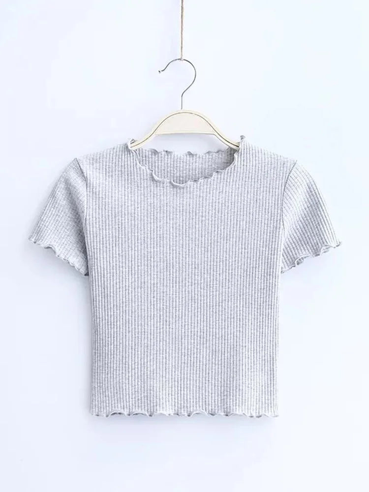 Vintage Ribbed O Neck Tee for Women Slim Fit Short Sleeve