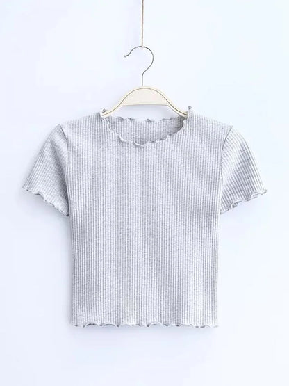 Vintage Ribbed O Neck Tee for Women Slim Fit Short Sleeve
