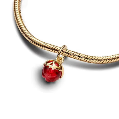 18K Gold Plated Skull And Red Apple Dangle Charm Bracelet