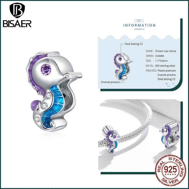 BISAER Ocean Charm 925 Sterling Silver Dolphin and Mermaid Bead with Blue CZ for DIY Jewelry BSC429 CHINA