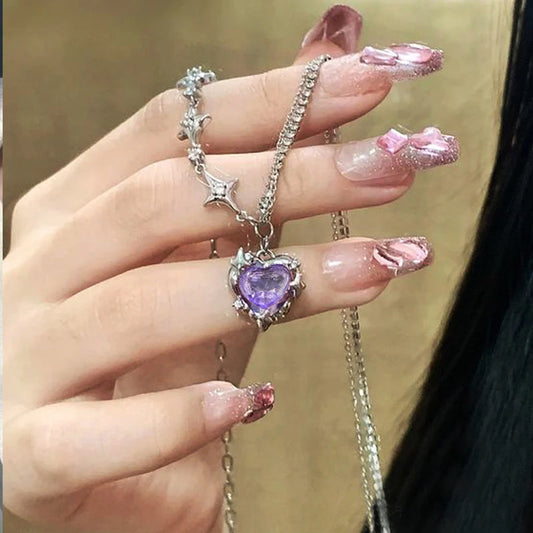 Y2K Purple Crystal Heart Pendant Necklace for Trendy Women
