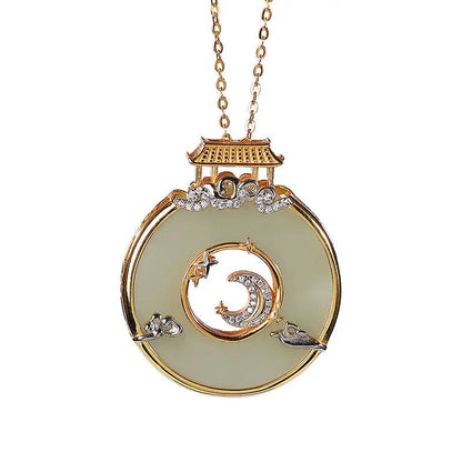 Natural Hetian Jade Pendant Necklace with Crystal Inlay Elegant Ladies Jewelry