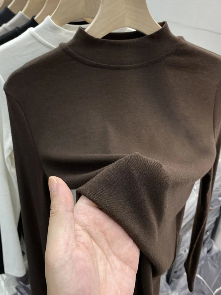 White Cotton Slim Fit Long Sleeve Half Turtleneck Women