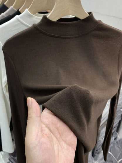White Cotton Slim Fit Long Sleeve Half Turtleneck Women