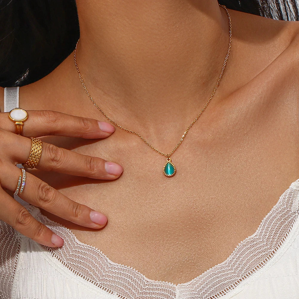 Elegant Waterdrop Opal Necklace for Women - Stainless Steel Semi-Precious Stone Jewelry Gift
