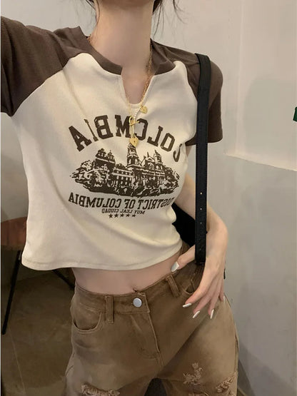 Dozw Vintage Printed Crop Top Women Y2K Aesthetic Tee
