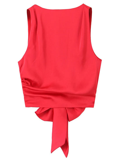 DozwCN Women Bow Backless Cropped Tank Top Solid Chic