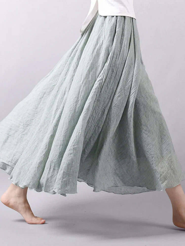 Elegant High Waist Linen Maxi Skirt Two Layer Summer Casual