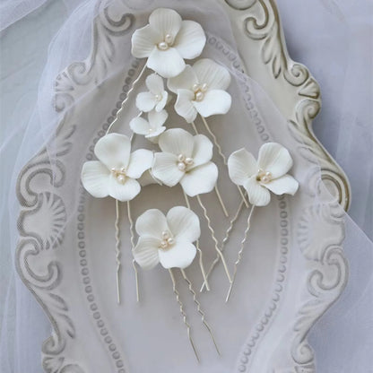 White Floral Ceramic Hairpins for Elegant Bridal Hairstyles