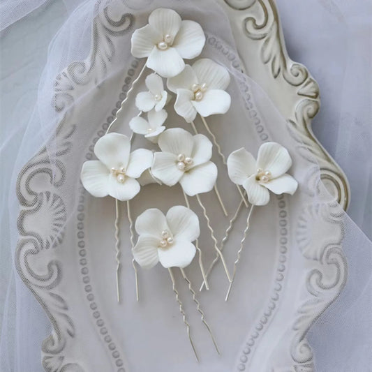 White Floral Ceramic Hairpins for Elegant Bridal Hairstyles