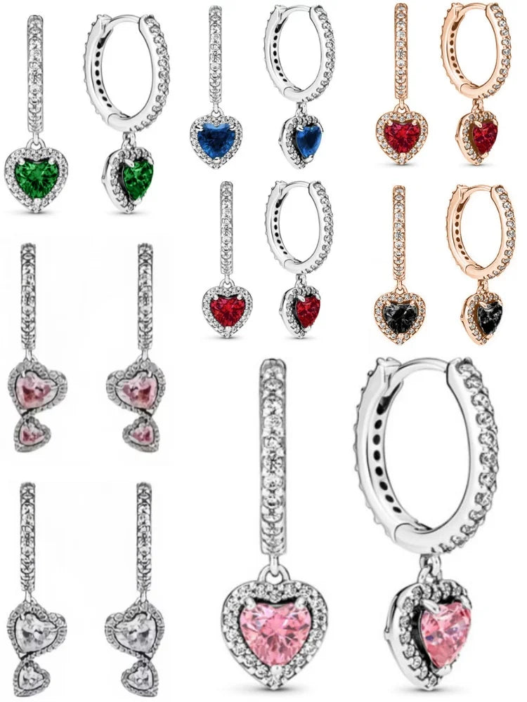 European 925 Silver Heart Shaped Earrings with Pink Red Green Zircon for Women Exquisite Holiday Jewelry Gifts