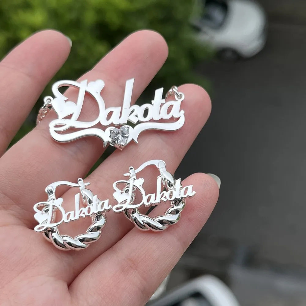 Duoying Personalized Heart Jewelry Set for Children Stainless Steel Nameplate Necklace and Mini Hoop Earrings