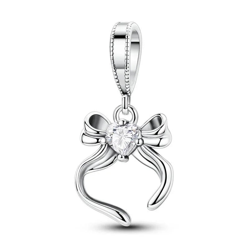 Original 925 Sterling Silver Heart Bow Mom Charm with Zircon for Women DIY Bracelets and Necklaces Fine Birthday and Mothers Day Jewelry Gift