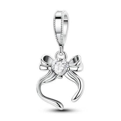 Original 925 Sterling Silver Heart Bow Mom Charm with Zircon for Women DIY Bracelets and Necklaces Fine Birthday and Mothers Day Jewelry Gift
